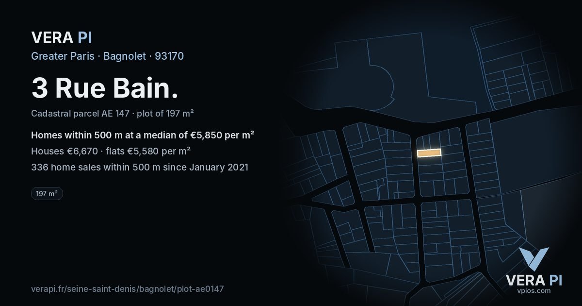 3 Rue Bain, Bagnolet at night – the plot lit, the parcels around coloured by the prices near them