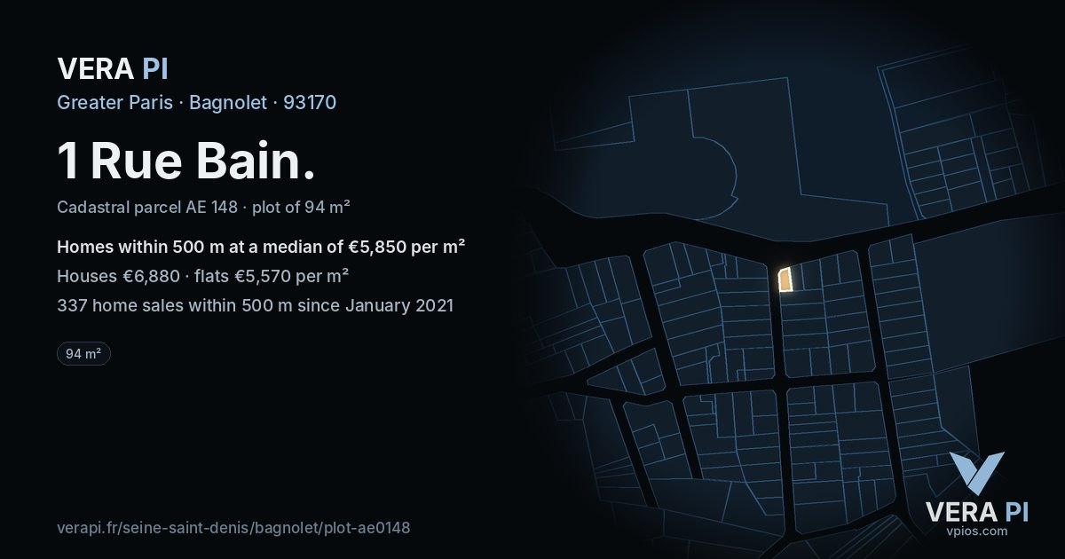1 Rue Bain, Bagnolet at night – the plot lit, the parcels around coloured by the prices near them