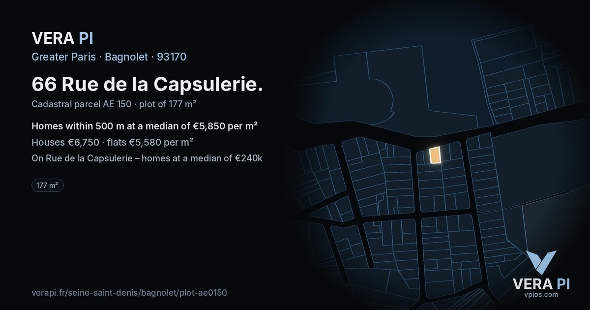 66 Rue de la Capsulerie, Bagnolet at night – the plot lit, the parcels around coloured by the prices near them
