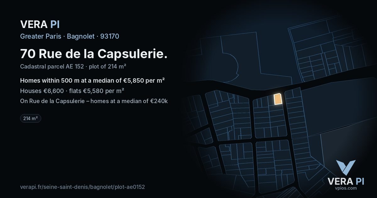 70 Rue de la Capsulerie, Bagnolet at night – the plot lit, the parcels around coloured by the prices near them