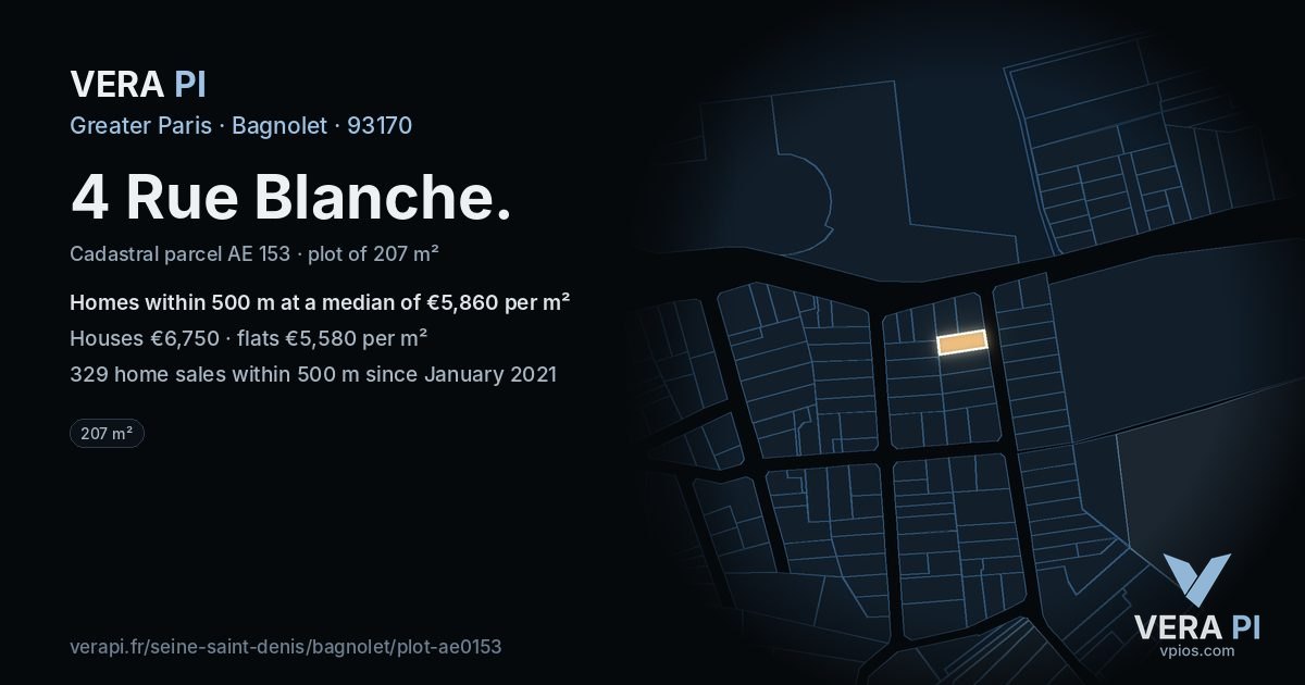 4 Rue Blanche, Bagnolet at night – the plot lit, the parcels around coloured by the prices near them