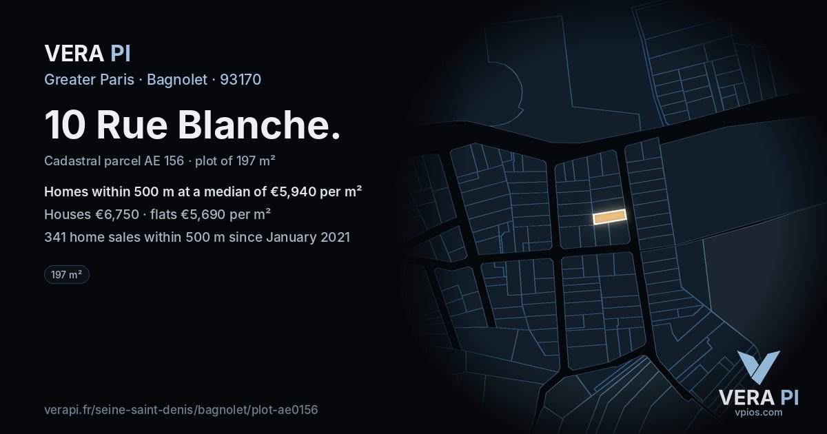 10 Rue Blanche, Bagnolet at night – the plot lit, the parcels around coloured by the prices near them