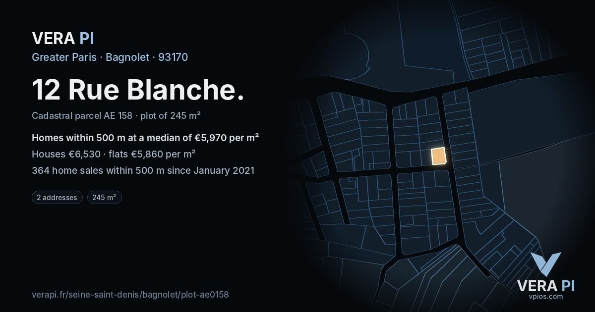 12 Rue Blanche, Bagnolet at night – the plot lit, the parcels around coloured by the prices near them
