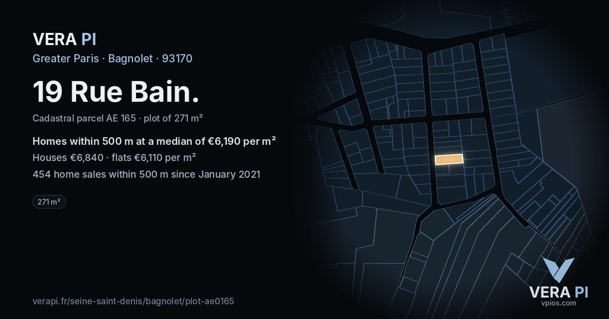 19 Rue Bain, Bagnolet at night – the plot lit, the parcels around coloured by the prices near them