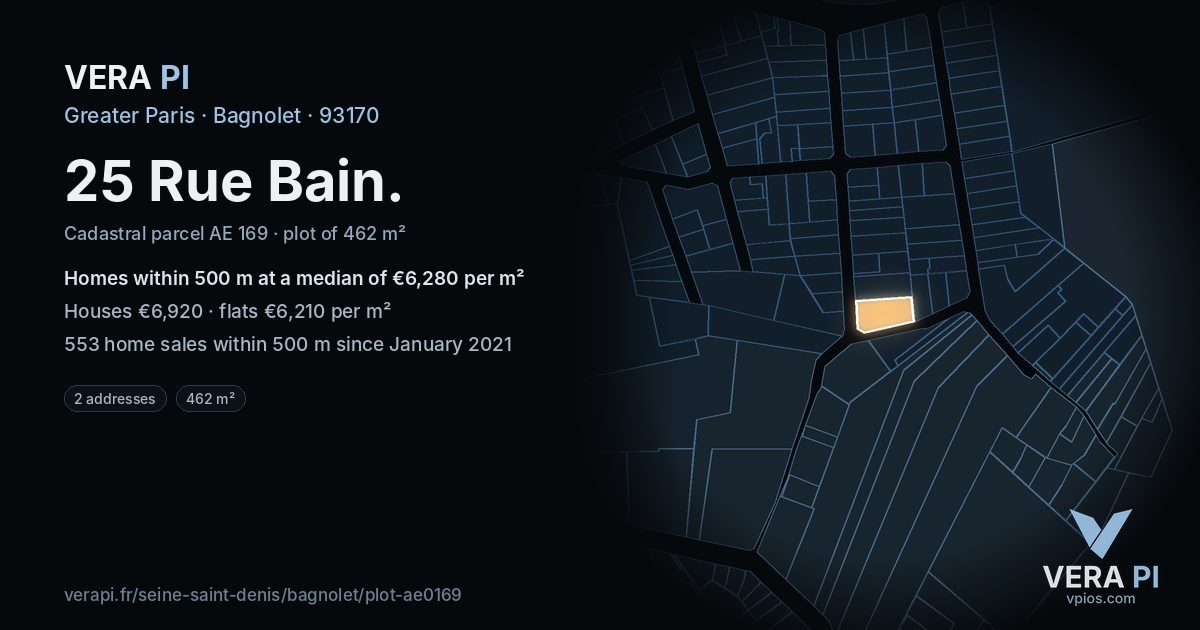 25 Rue Bain, Bagnolet at night – the plot lit, the parcels around coloured by the prices near them