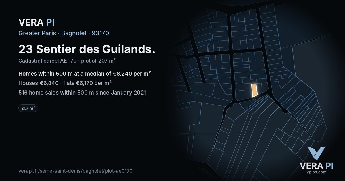 23 Sentier des Guilands, Bagnolet at night – the plot lit, the parcels around coloured by the prices near them