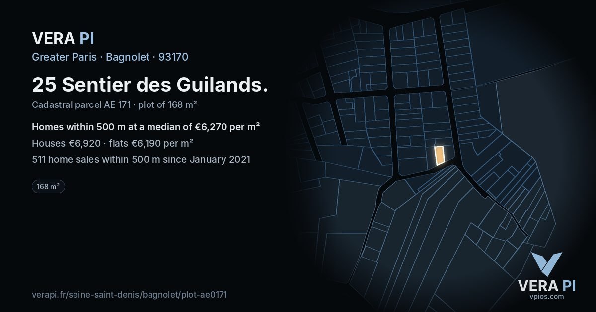 25 Sentier des Guilands, Bagnolet at night – the plot lit, the parcels around coloured by the prices near them