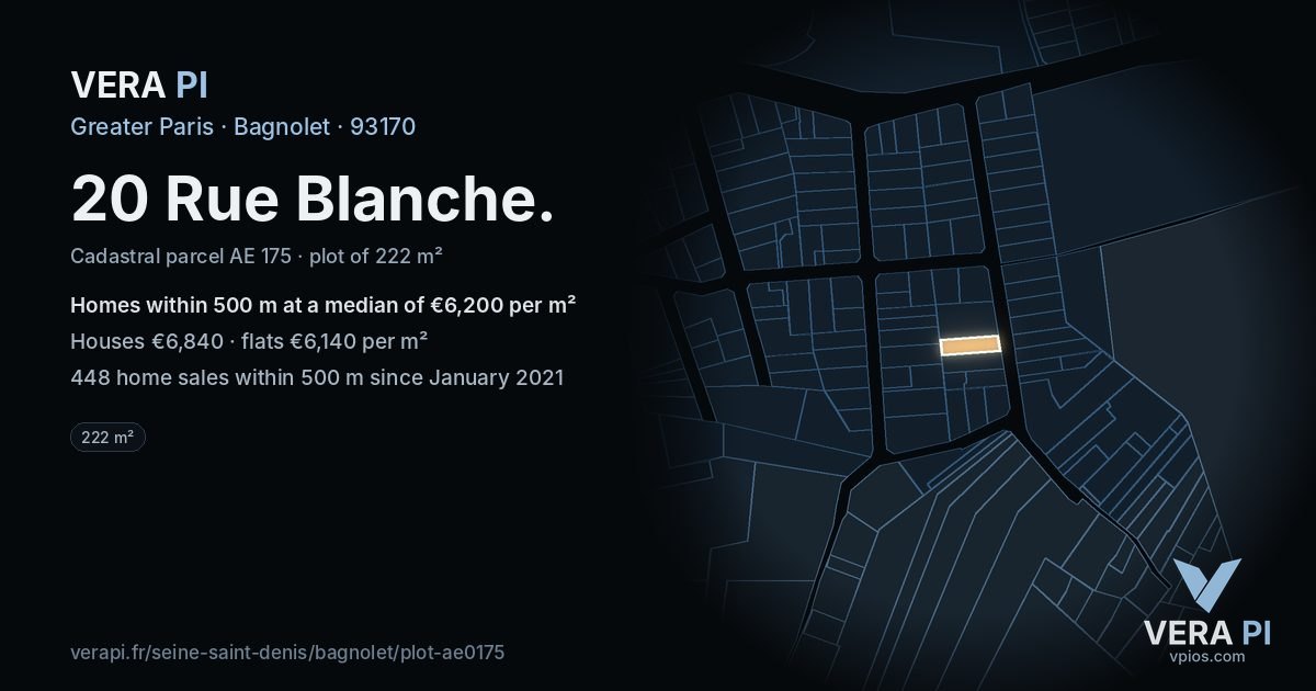 20 Rue Blanche, Bagnolet at night – the plot lit, the parcels around coloured by the prices near them