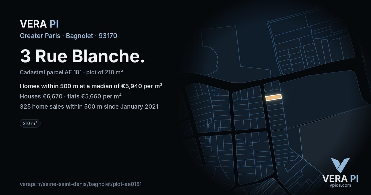 3 Rue Blanche, Bagnolet at night – the plot lit, the parcels around coloured by the prices near them