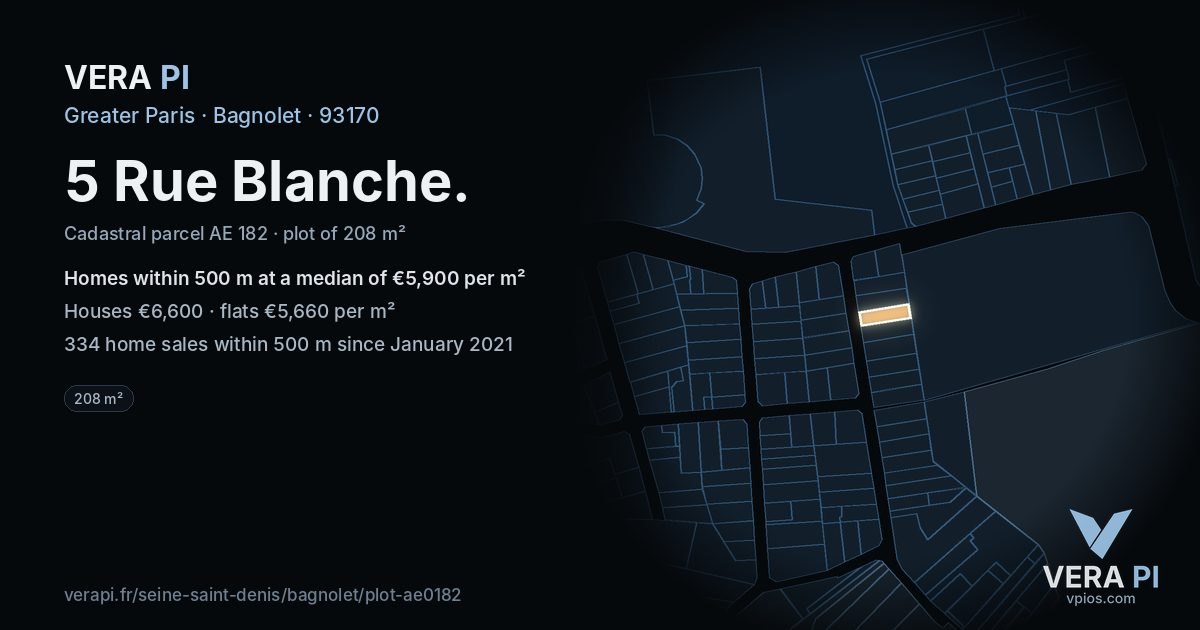 5 Rue Blanche, Bagnolet at night – the plot lit, the parcels around coloured by the prices near them