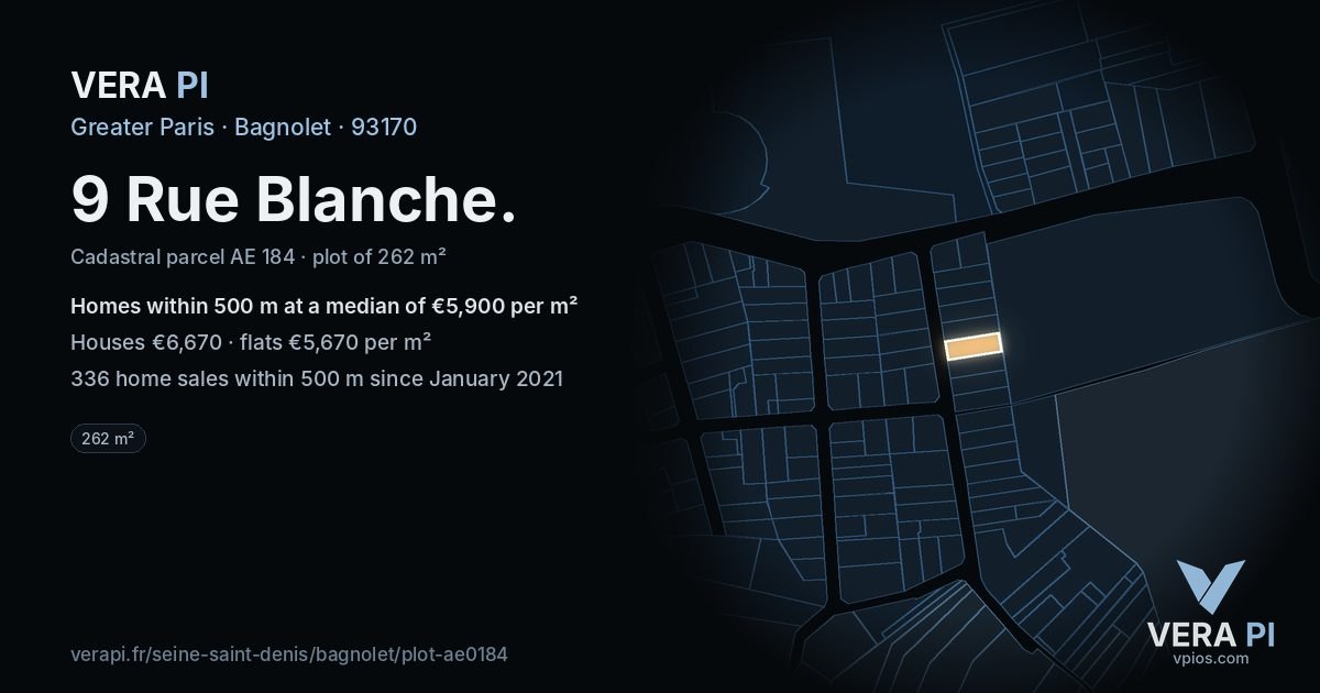 9 Rue Blanche, Bagnolet at night – the plot lit, the parcels around coloured by the prices near them