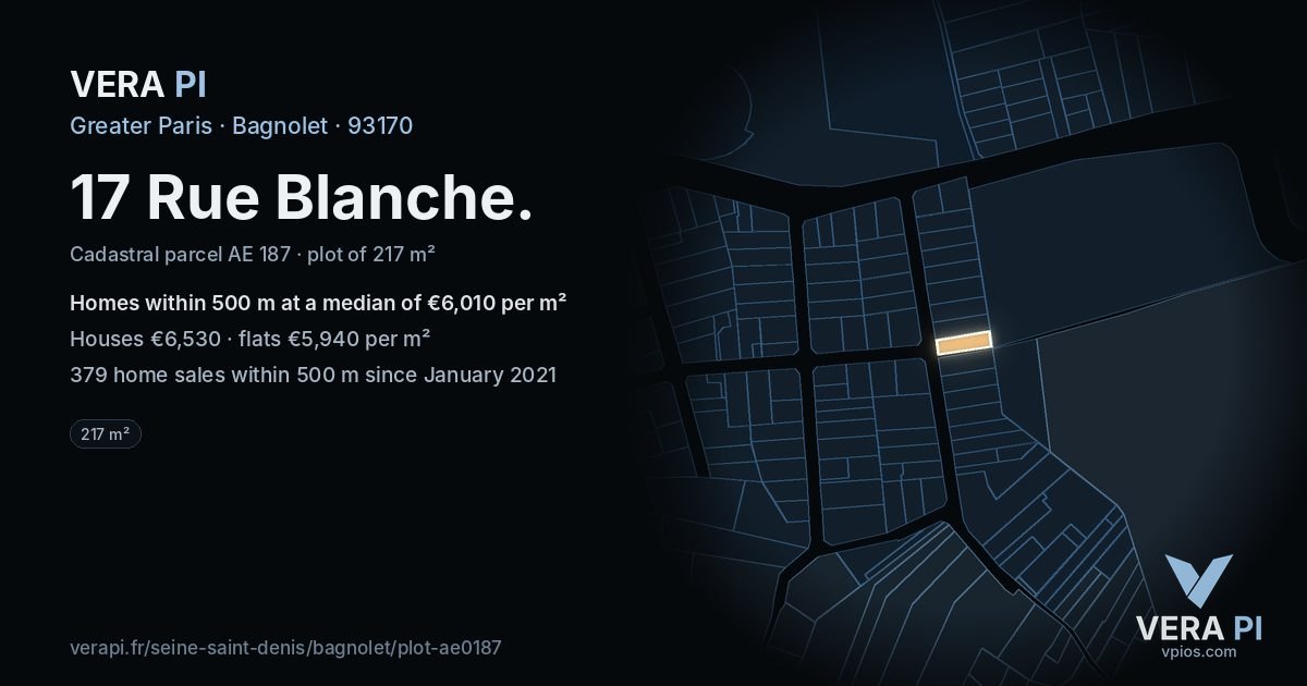 17 Rue Blanche, Bagnolet at night – the plot lit, the parcels around coloured by the prices near them