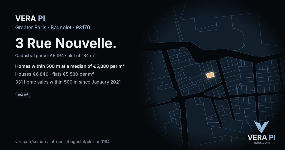 3 Rue Nouvelle, Bagnolet at night – the plot lit, the parcels around coloured by the prices near them
