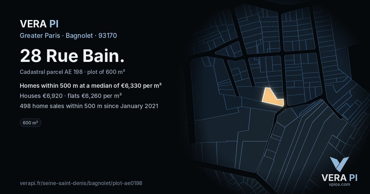 28 Rue Bain, Bagnolet at night – the plot lit, the parcels around coloured by the prices near them