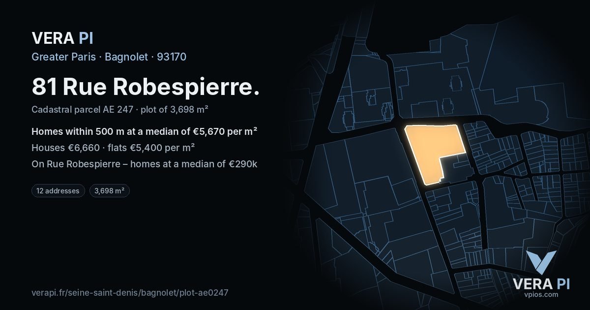 81 Rue Robespierre, Bagnolet at night – the plot lit, the parcels around coloured by the prices near them