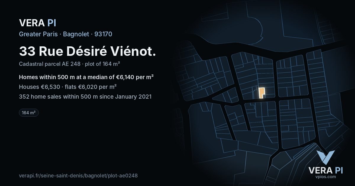 33 Rue Désiré Viénot, Bagnolet at night – the plot lit, the parcels around coloured by the prices near them