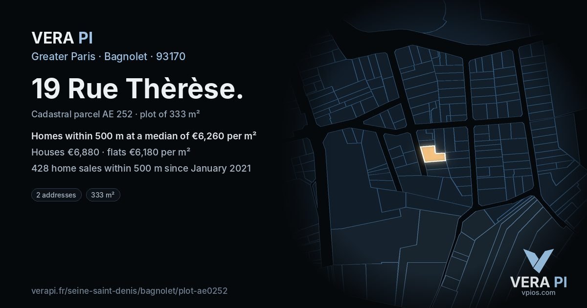 19 Rue Thèrèse, Bagnolet at night – the plot lit, the parcels around coloured by the prices near them