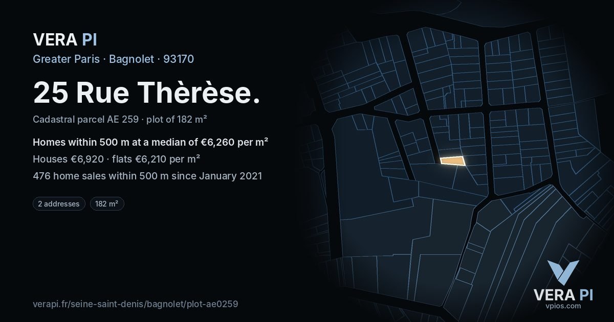 25 Rue Thèrèse, Bagnolet at night – the plot lit, the parcels around coloured by the prices near them