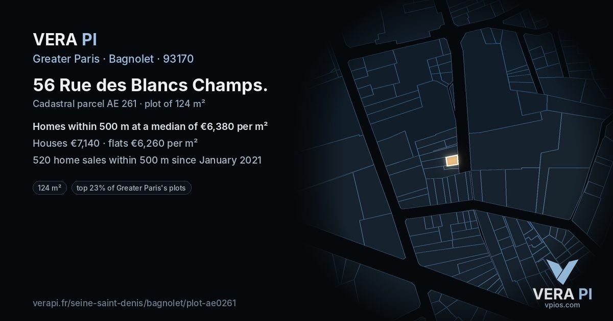 56 Rue des Blancs Champs, Bagnolet at night – the plot lit, the parcels around coloured by the prices near them