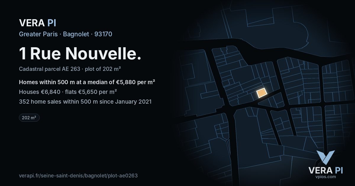 1 Rue Nouvelle, Bagnolet at night – the plot lit, the parcels around coloured by the prices near them