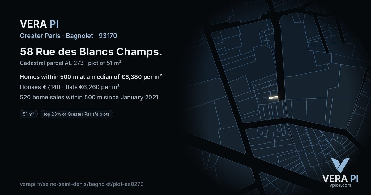 58 Rue des Blancs Champs, Bagnolet at night – the plot lit, the parcels around coloured by the prices near them