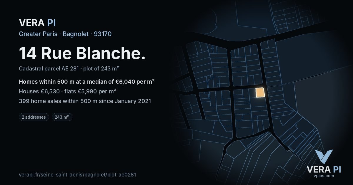 14 Rue Blanche, Bagnolet at night – the plot lit, the parcels around coloured by the prices near them