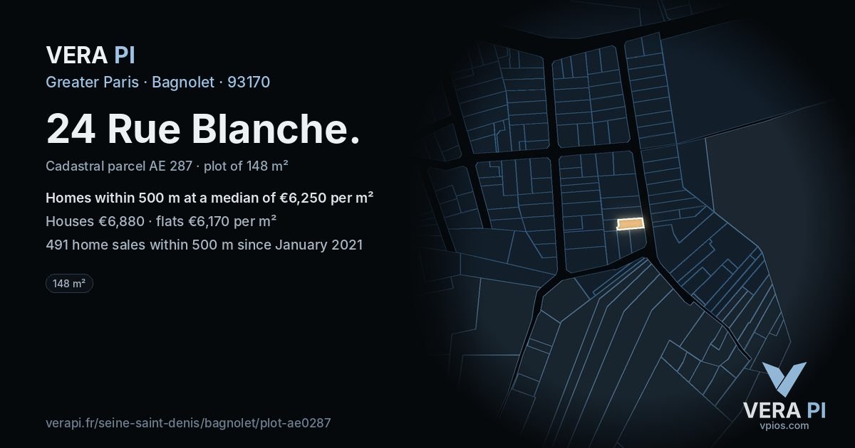 24 Rue Blanche, Bagnolet at night – the plot lit, the parcels around coloured by the prices near them