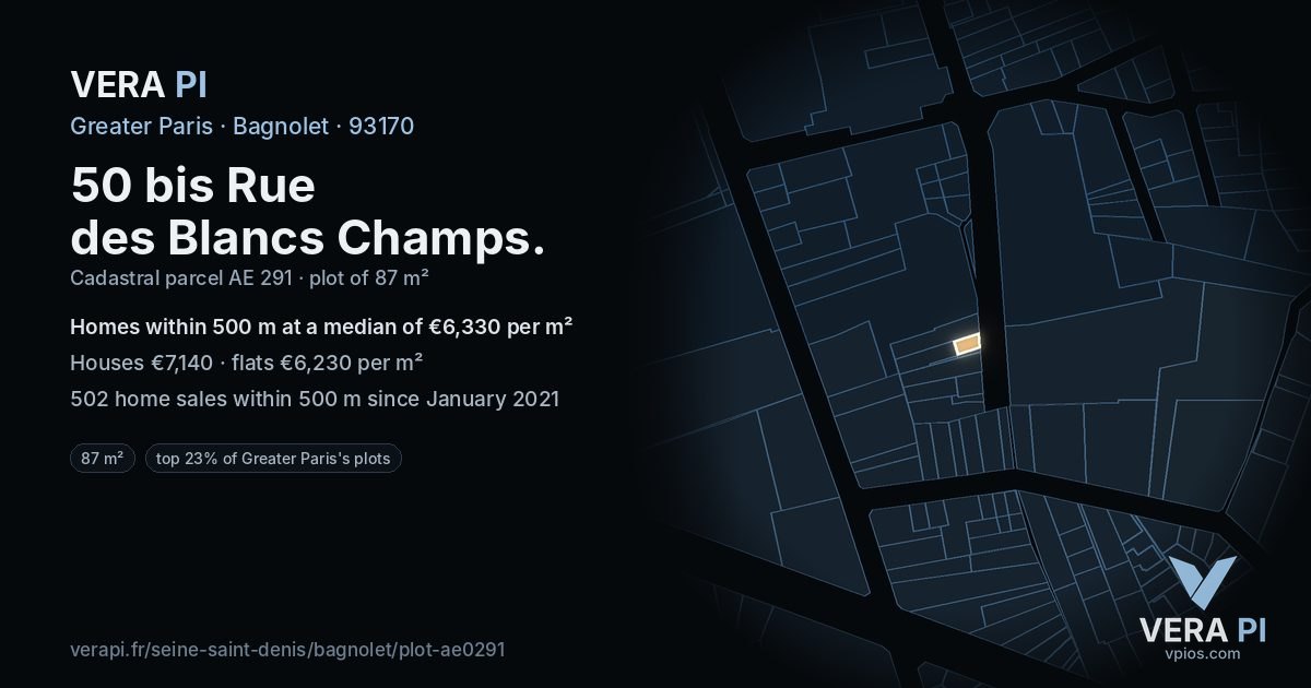 50 bis Rue des Blancs Champs, Bagnolet at night – the plot lit, the parcels around coloured by the prices near them