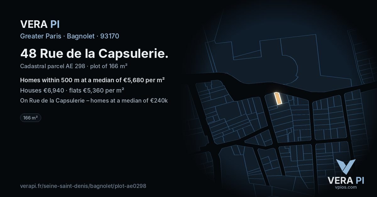 48 Rue de la Capsulerie, Bagnolet at night – the plot lit, the parcels around coloured by the prices near them