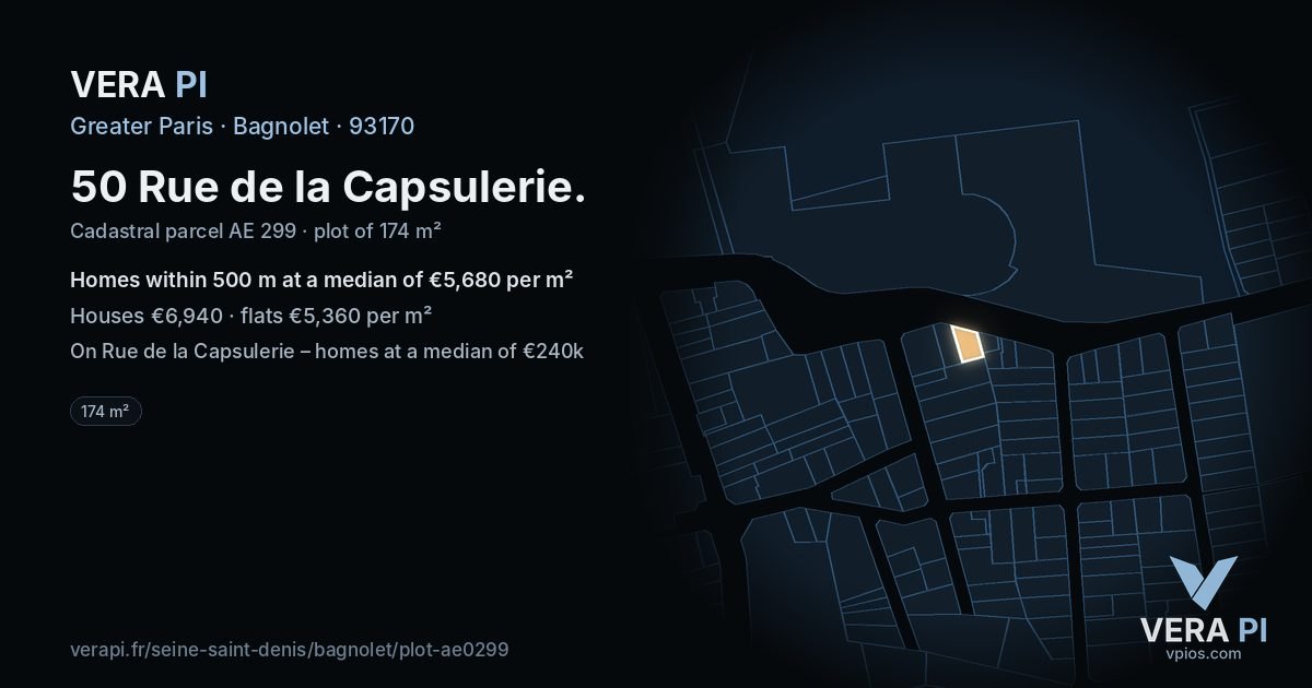 50 Rue de la Capsulerie, Bagnolet at night – the plot lit, the parcels around coloured by the prices near them
