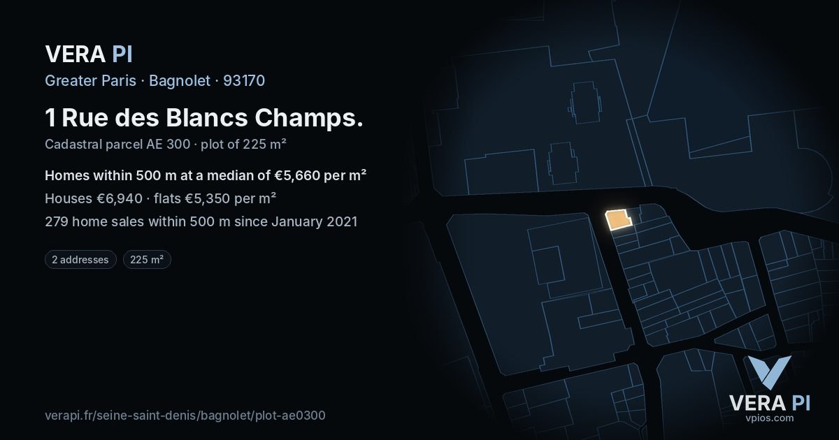 1 Rue des Blancs Champs, Bagnolet at night – the plot lit, the parcels around coloured by the prices near them