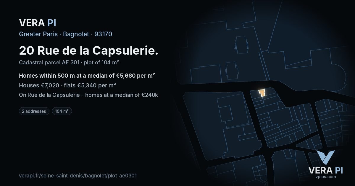20 Rue de la Capsulerie, Bagnolet at night – the plot lit, the parcels around coloured by the prices near them
