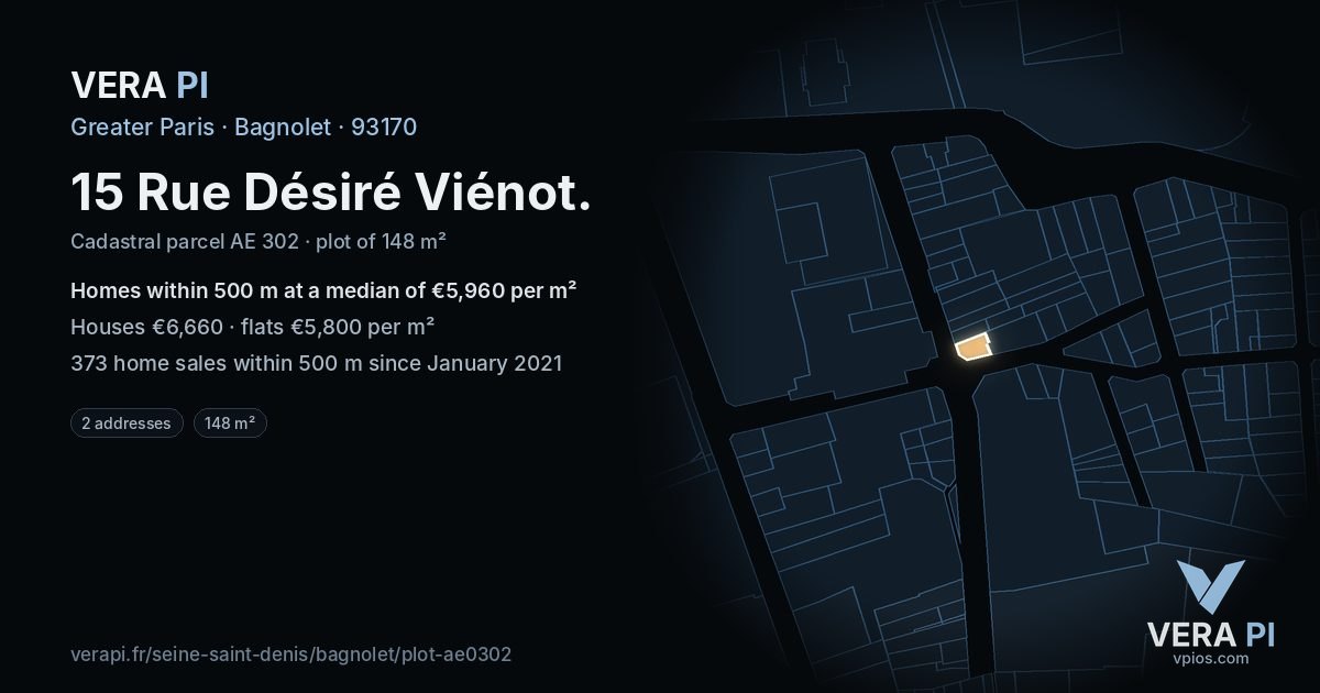 15 Rue Désiré Viénot, Bagnolet at night – the plot lit, the parcels around coloured by the prices near them