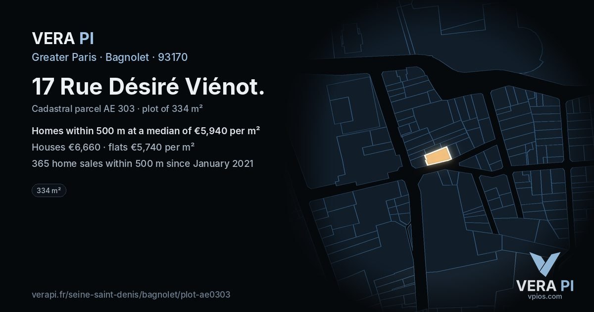 17 Rue Désiré Viénot, Bagnolet at night – the plot lit, the parcels around coloured by the prices near them
