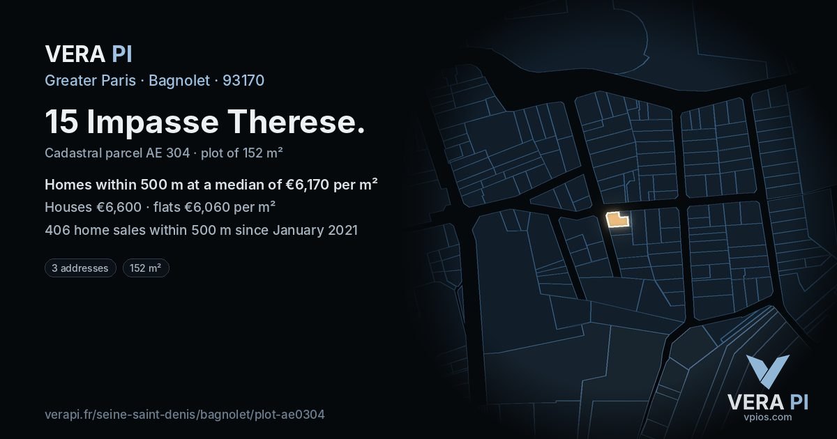 15 Impasse Therese, Bagnolet at night – the plot lit, the parcels around coloured by the prices near them