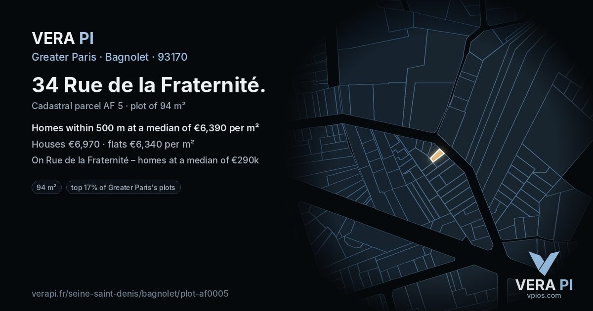 34 Rue de la Fraternité, Bagnolet at night – the plot lit, the parcels around coloured by the prices near them