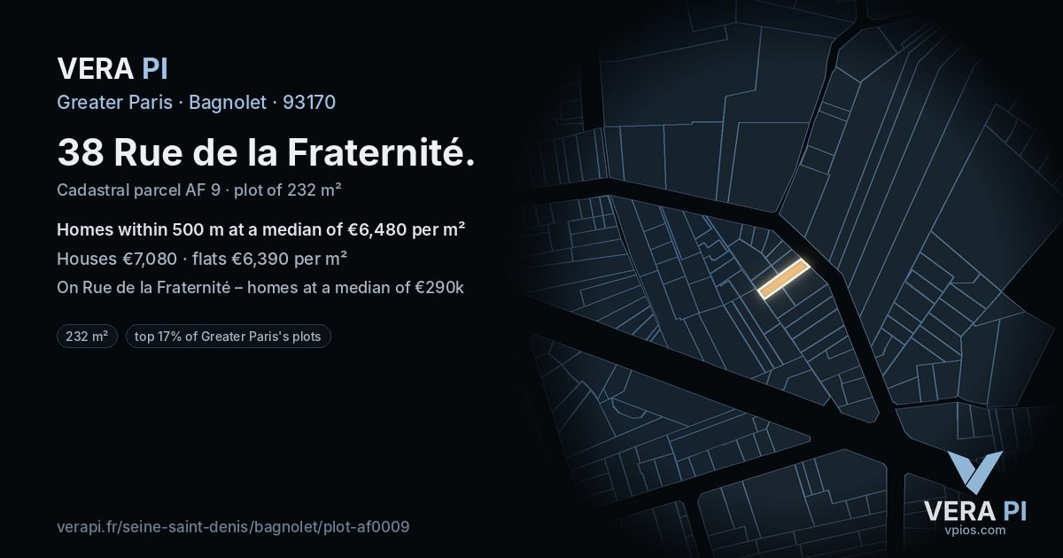 38 Rue de la Fraternité, Bagnolet at night – the plot lit, the parcels around coloured by the prices near them