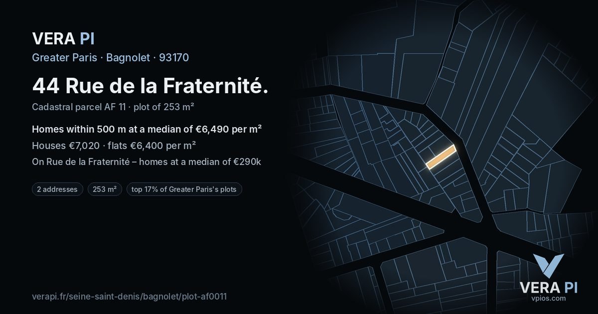 44 Rue de la Fraternité, Bagnolet at night – the plot lit, the parcels around coloured by the prices near them