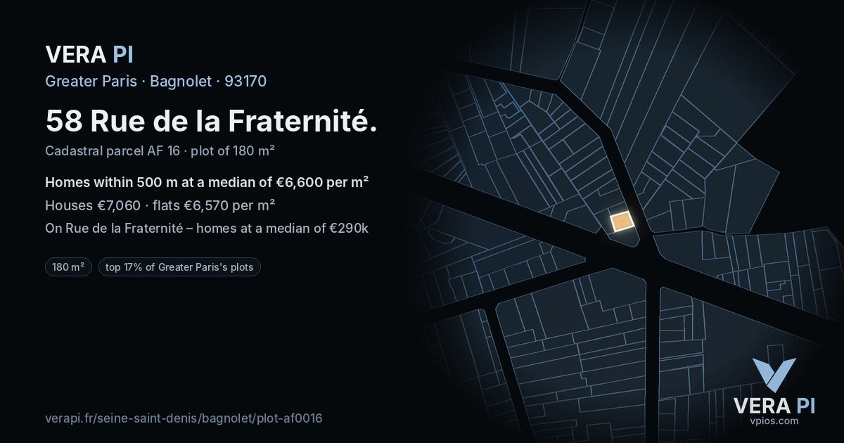 58 Rue de la Fraternité, Bagnolet at night – the plot lit, the parcels around coloured by the prices near them