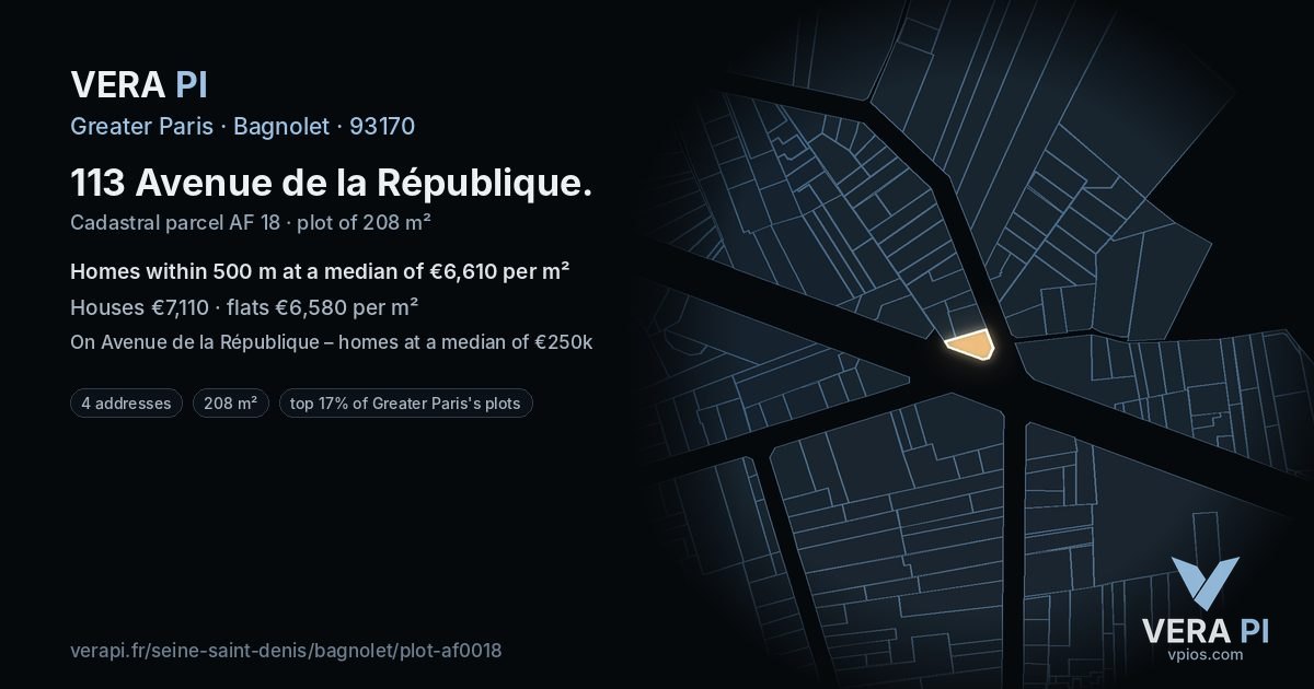 113 Avenue de la République, Bagnolet at night – the plot lit, the parcels around coloured by the prices near them