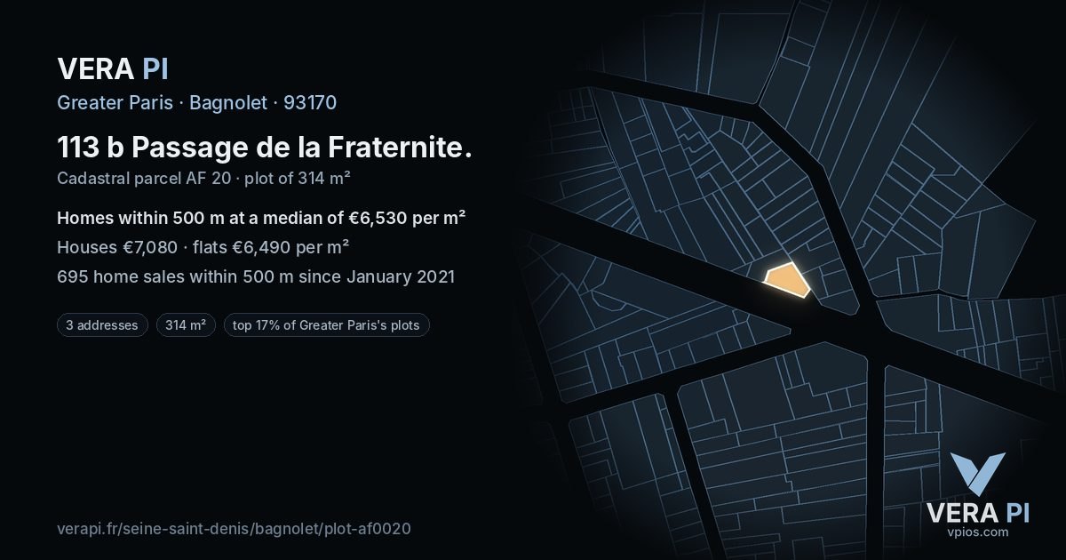 113 b Passage de la Fraternite, Bagnolet at night – the plot lit, the parcels around coloured by the prices near them