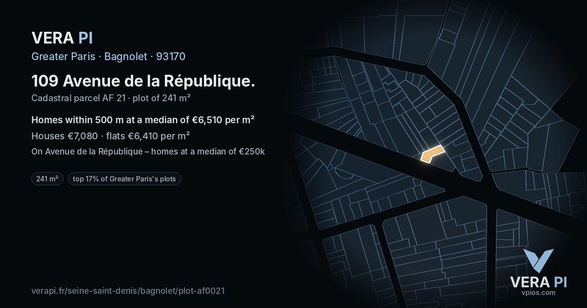 109 Avenue de la République, Bagnolet at night – the plot lit, the parcels around coloured by the prices near them