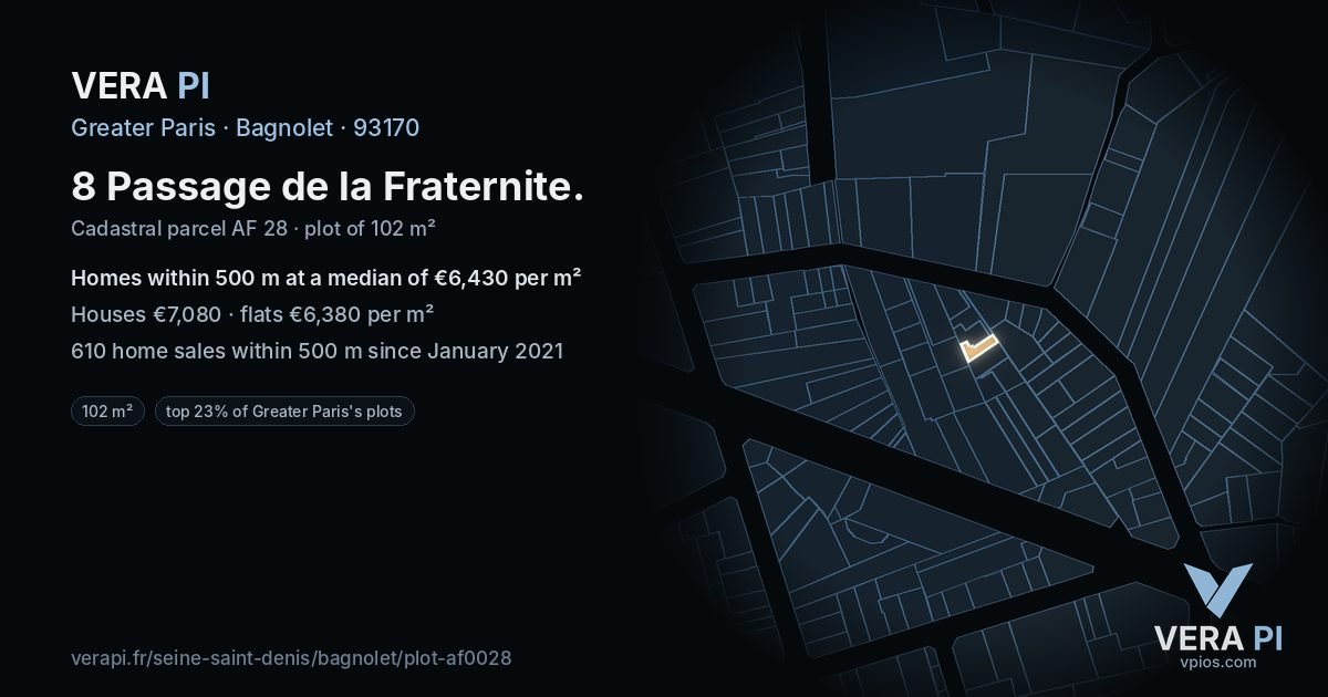 8 Passage de la Fraternite, Bagnolet at night – the plot lit, the parcels around coloured by the prices near them
