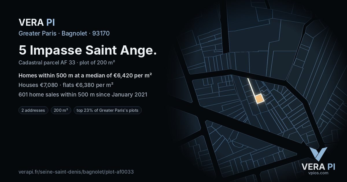 5 Impasse Saint Ange, Bagnolet at night – the plot lit, the parcels around coloured by the prices near them