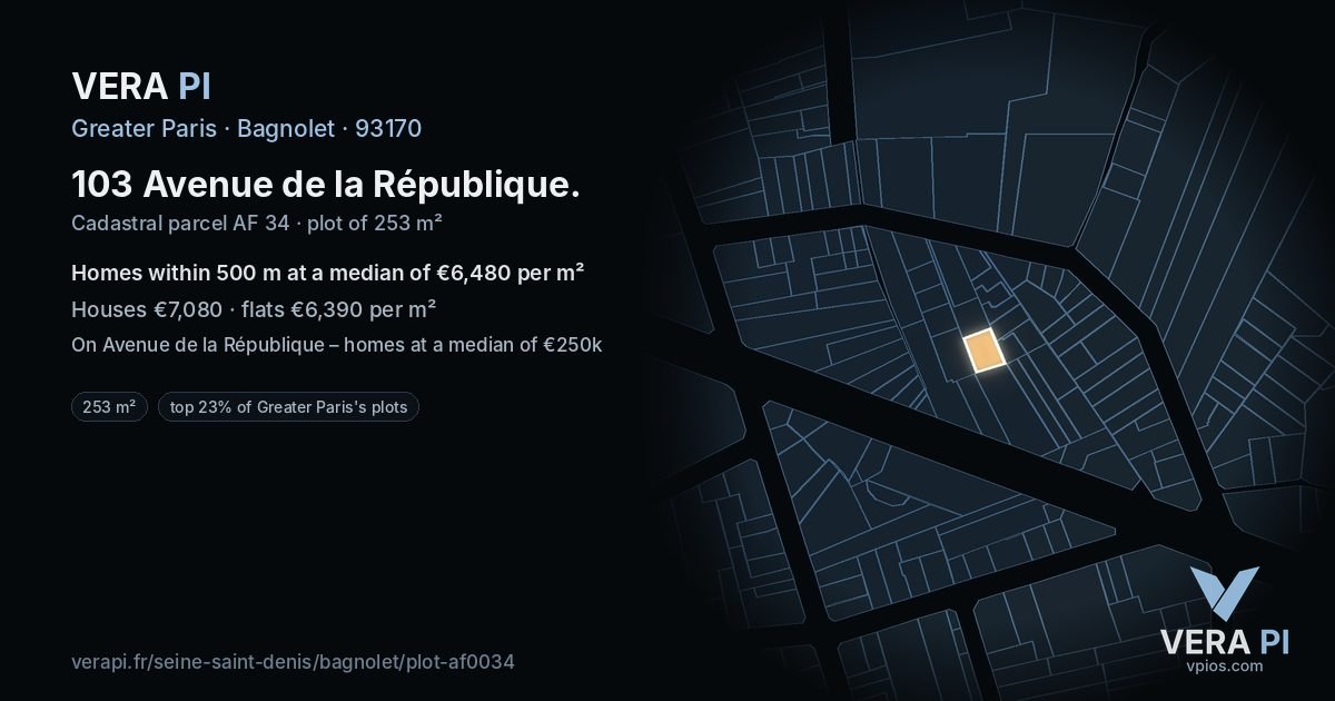 103 Avenue de la République, Bagnolet at night – the plot lit, the parcels around coloured by the prices near them