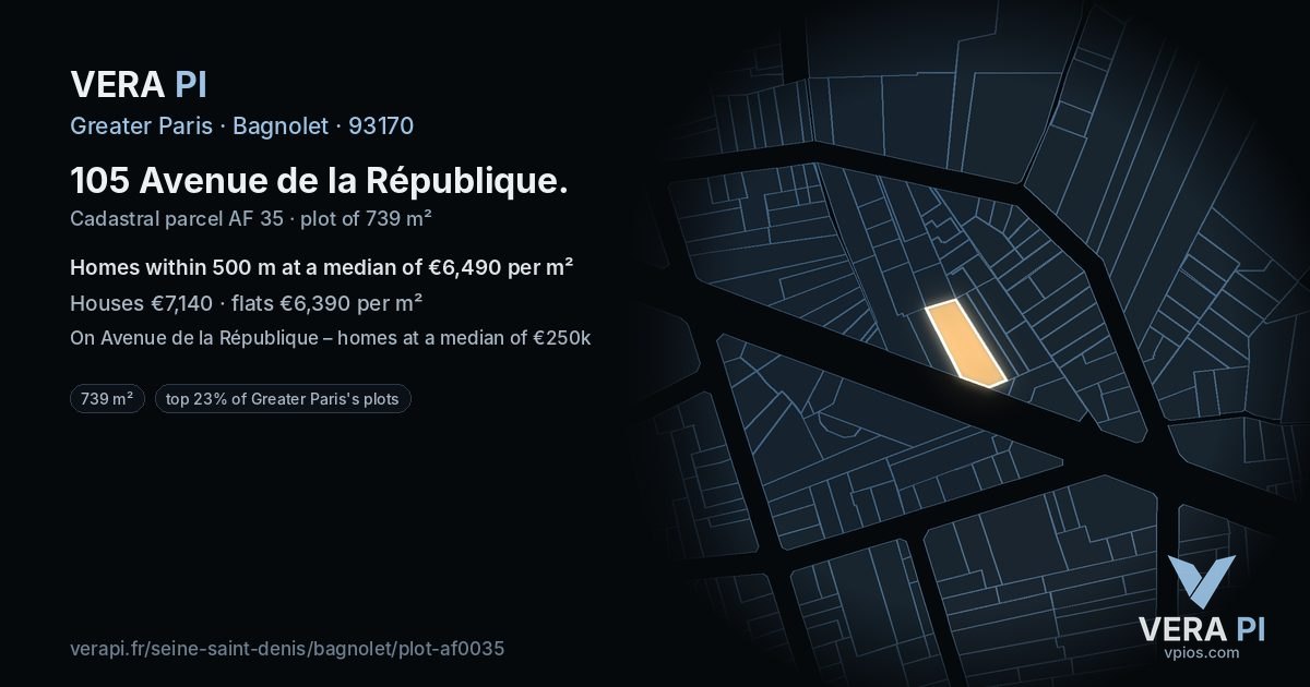 105 Avenue de la République, Bagnolet at night – the plot lit, the parcels around coloured by the prices near them