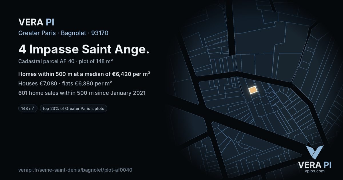 4 Impasse Saint Ange, Bagnolet at night – the plot lit, the parcels around coloured by the prices near them