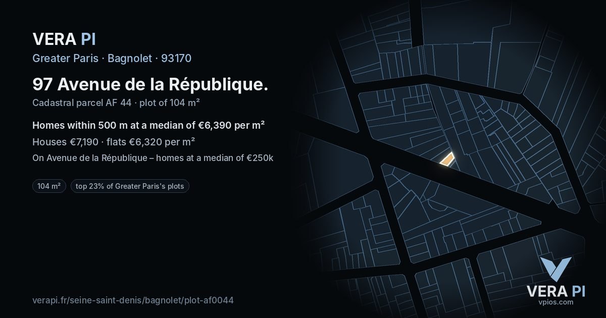 97 Avenue de la République, Bagnolet at night – the plot lit, the parcels around coloured by the prices near them