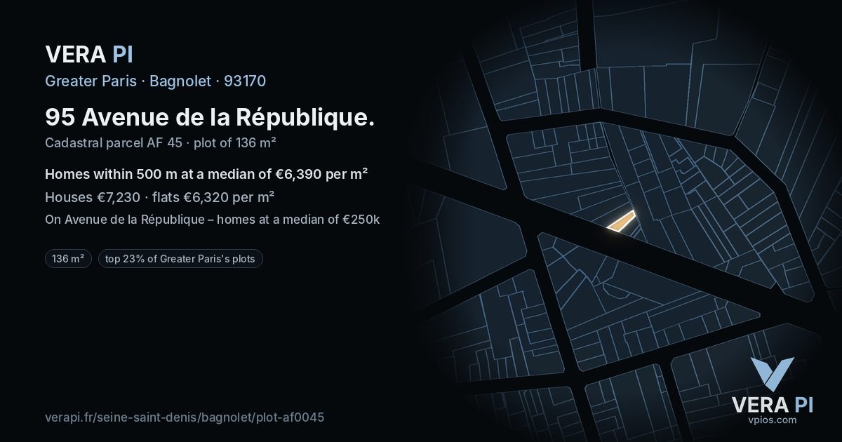 95 Avenue de la République, Bagnolet at night – the plot lit, the parcels around coloured by the prices near them