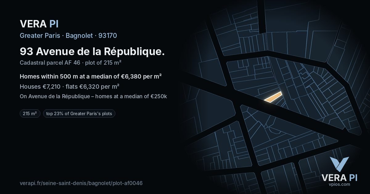 93 Avenue de la République, Bagnolet at night – the plot lit, the parcels around coloured by the prices near them